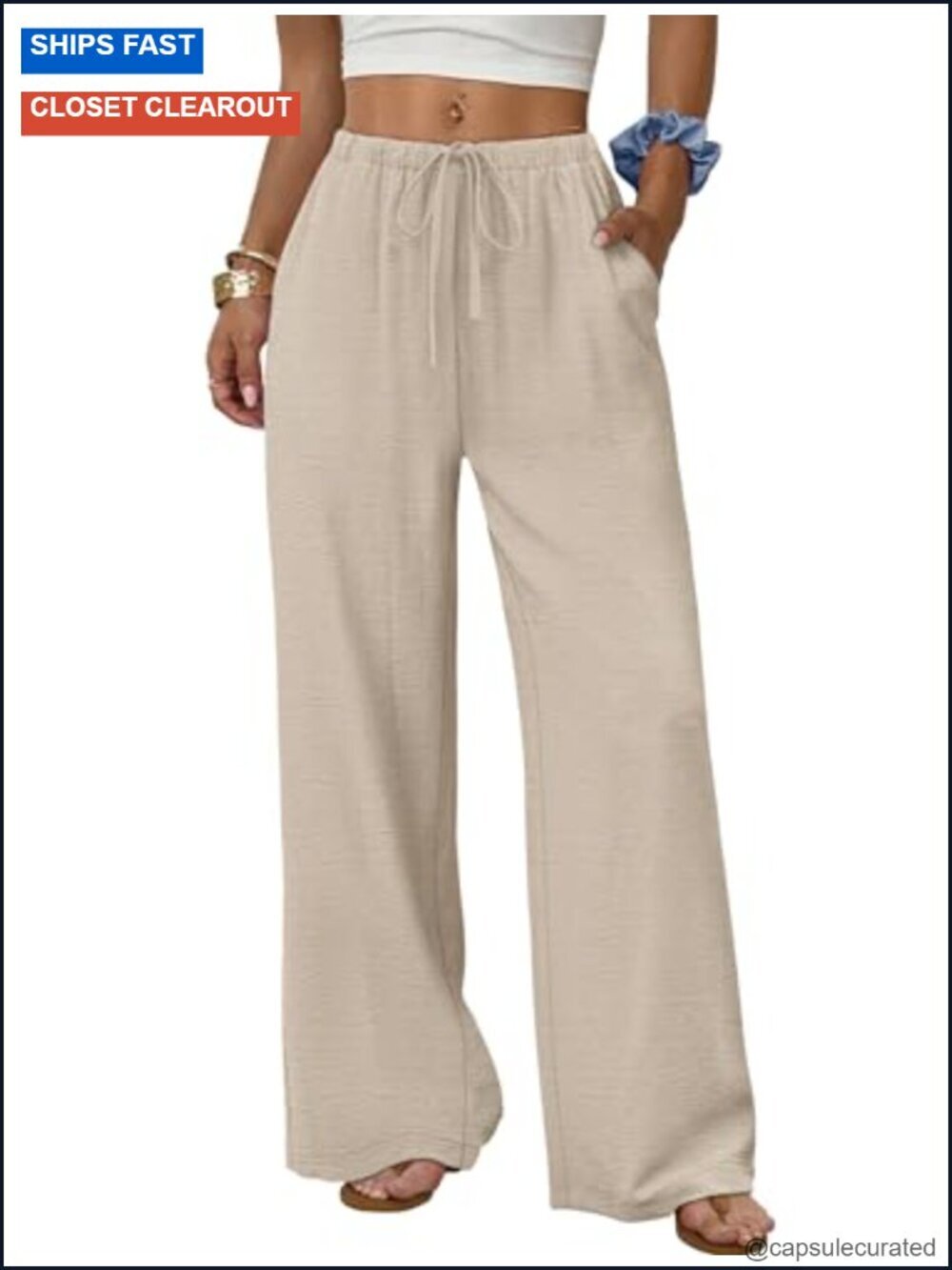 Wide Leg Palazzo Pants Elastic Drawstring Waist Pockets